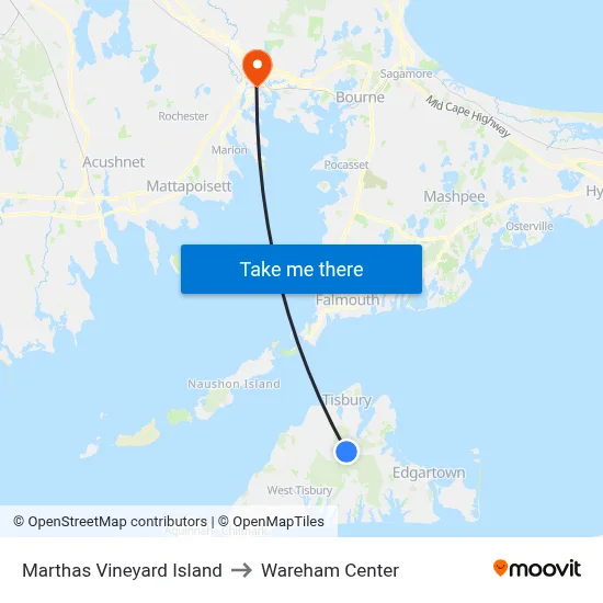 Marthas Vineyard Island to Wareham Center map