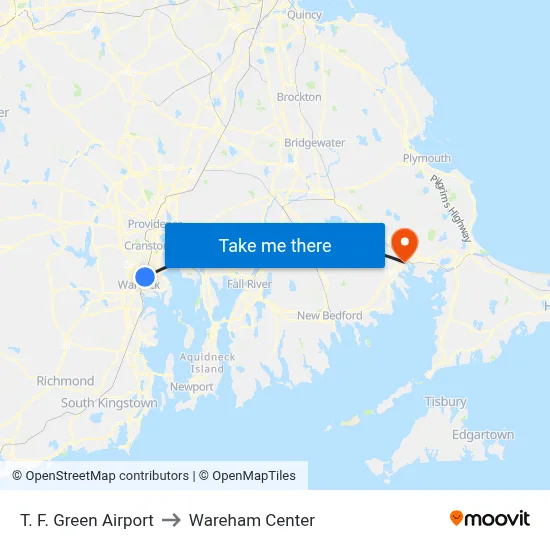 T. F. Green Airport to Wareham Center map