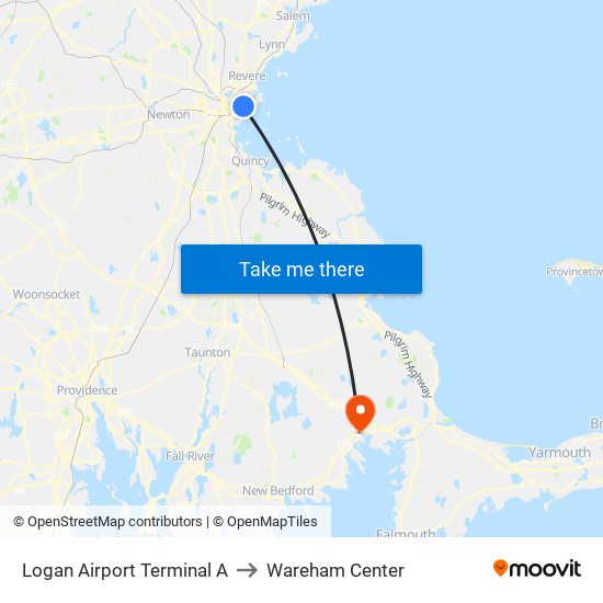 Logan Airport Terminal A to Wareham Center map