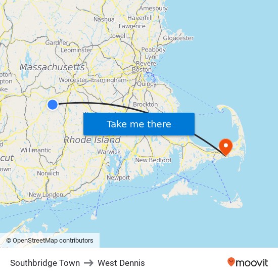 Southbridge Town to West Dennis map