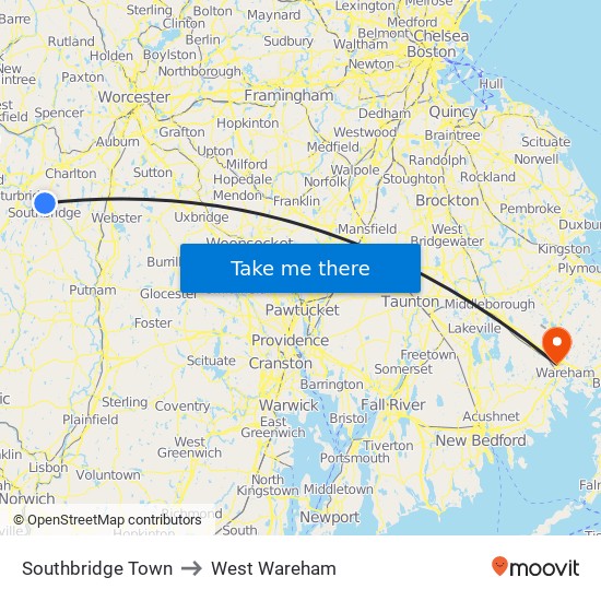 Southbridge Town to West Wareham map