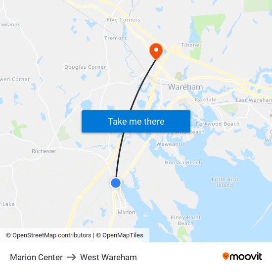 Marion Center to West Wareham map