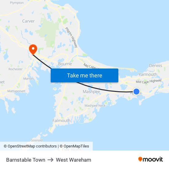 Barnstable Town to West Wareham map