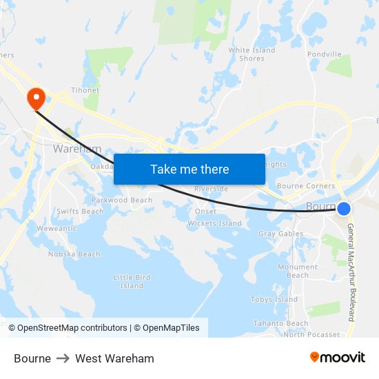 Bourne to West Wareham map