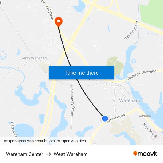 Wareham Center to West Wareham map