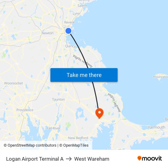 Logan Airport Terminal A to West Wareham map