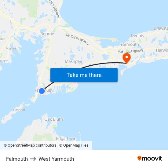 Falmouth to West Yarmouth map