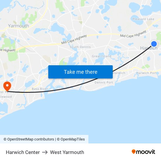 Harwich Center to West Yarmouth map