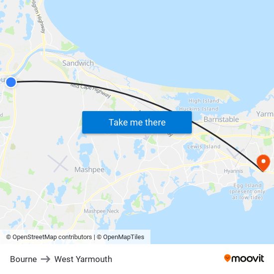 Bourne to West Yarmouth map