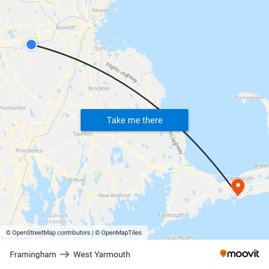 Framingham to West Yarmouth map