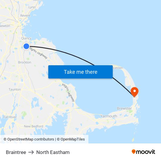 Braintree to North Eastham map