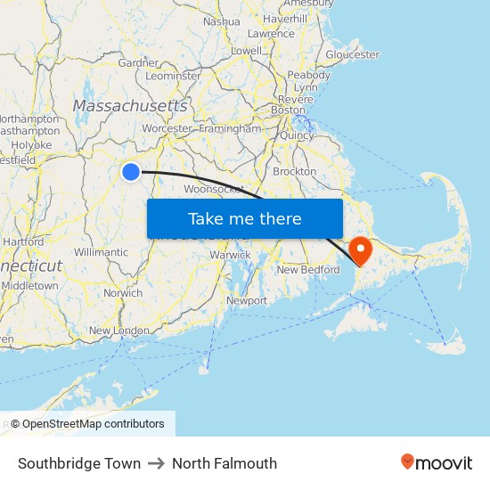 Southbridge Town to North Falmouth map