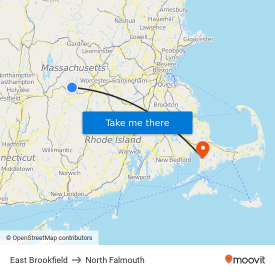 East Brookfield to North Falmouth map