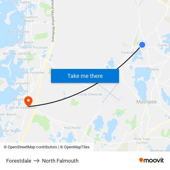 Forestdale to North Falmouth map