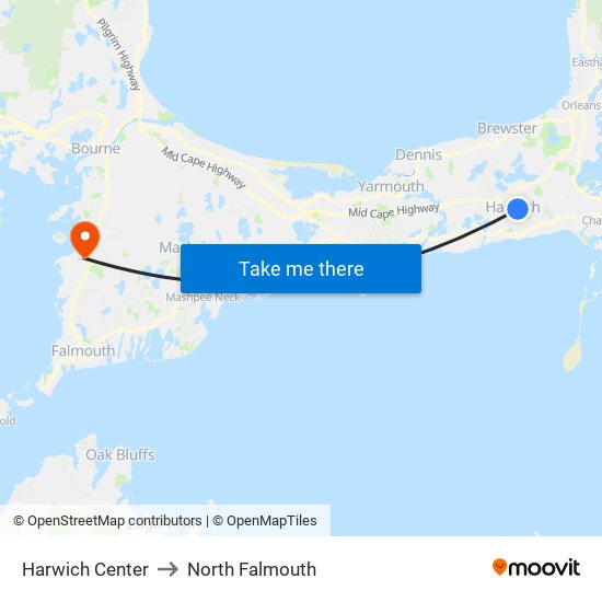 Harwich Center to North Falmouth map