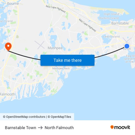 Barnstable Town to North Falmouth map