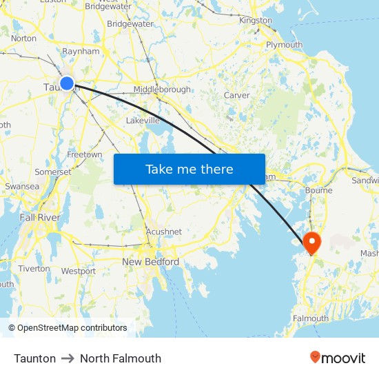 Taunton to North Falmouth map