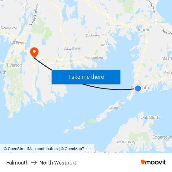 Falmouth to North Westport map