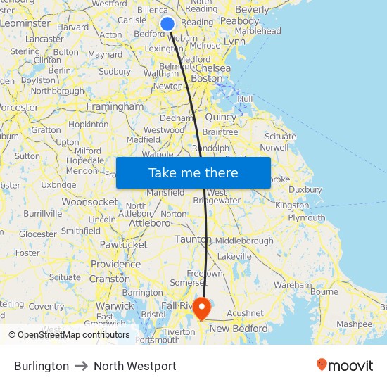 Burlington to North Westport map