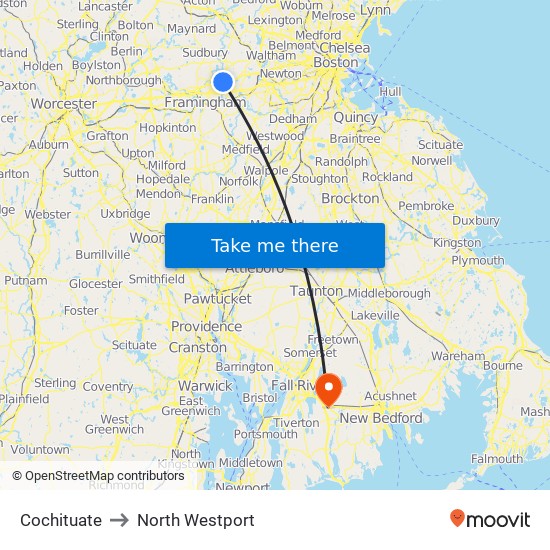 Cochituate to North Westport map