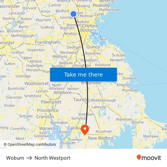 Woburn to North Westport map