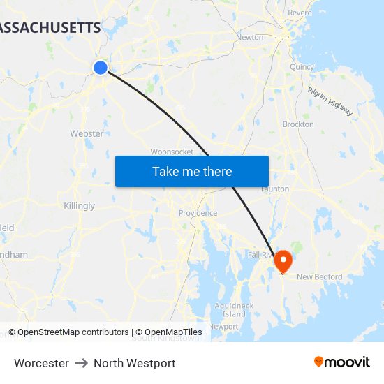 Worcester to North Westport map