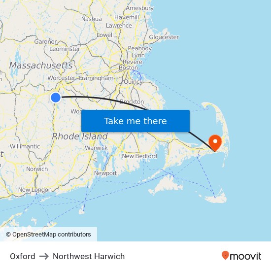 Oxford to Northwest Harwich map