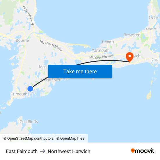 East Falmouth to Northwest Harwich map