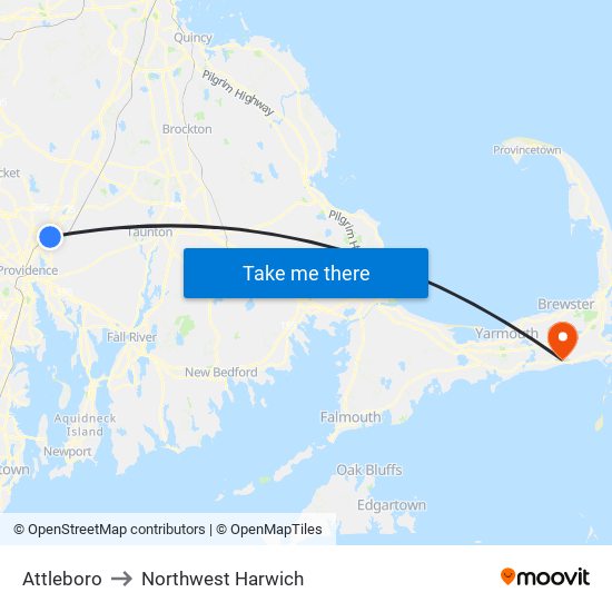 Attleboro to Northwest Harwich map