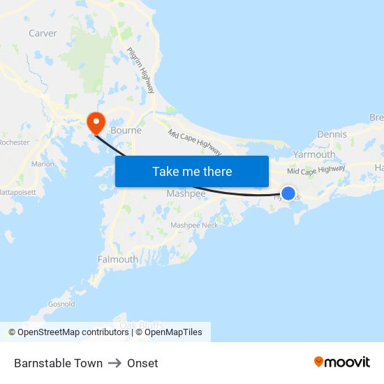 Barnstable Town to Onset map