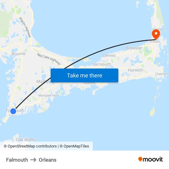 Falmouth to Orleans map