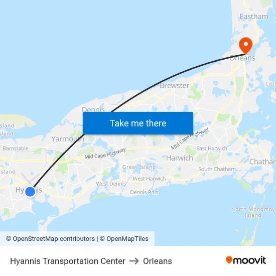Hyannis Transportation Center to Orleans map