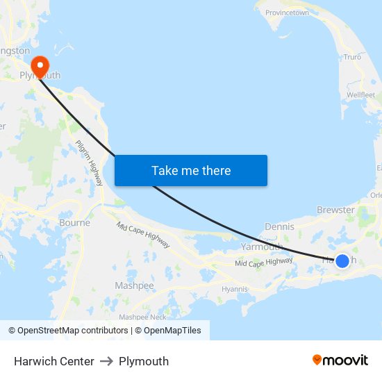 Harwich Center to Plymouth map