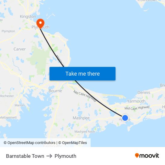 Barnstable Town to Plymouth map