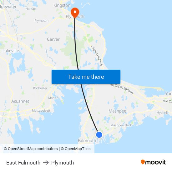 East Falmouth to Plymouth map
