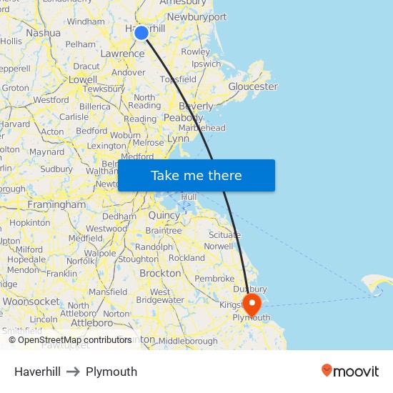 Haverhill to Plymouth map