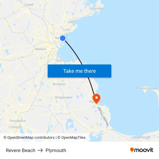 Revere Beach to Plymouth map