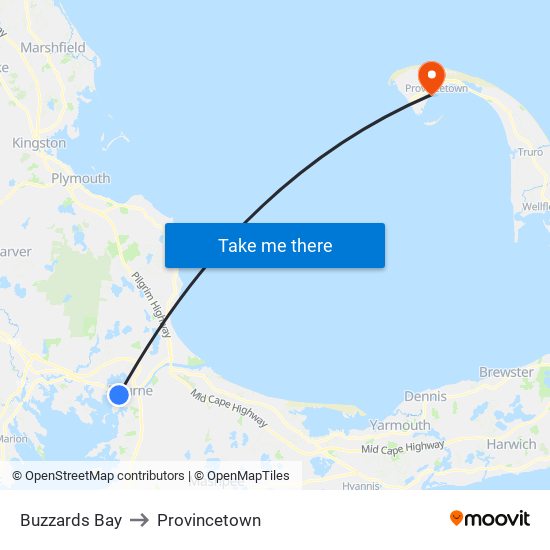 Buzzards Bay to Provincetown map