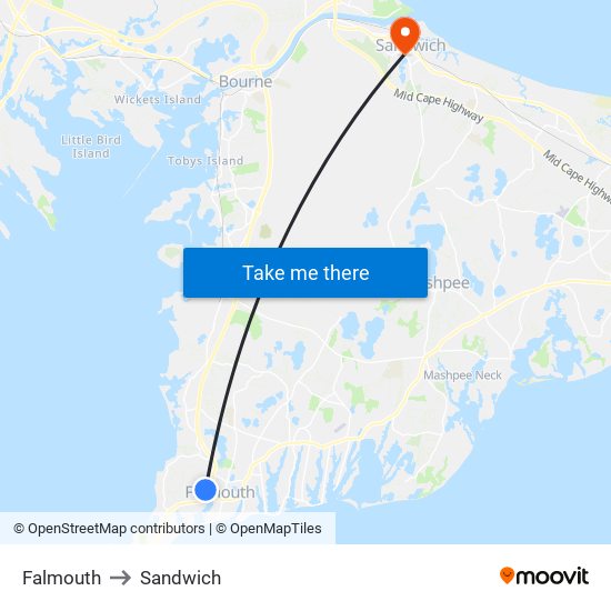 Falmouth to Sandwich map