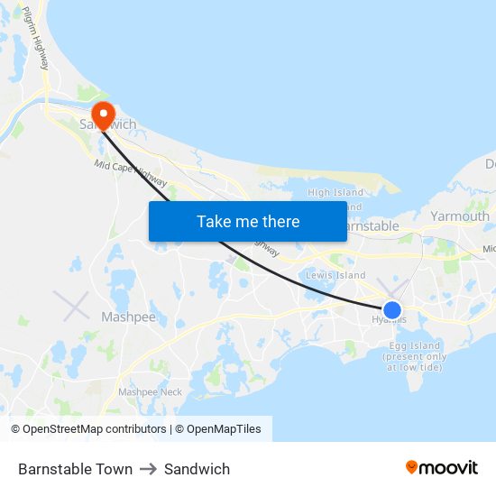 Barnstable Town to Sandwich map