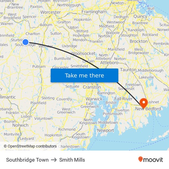 Southbridge Town to Smith Mills map