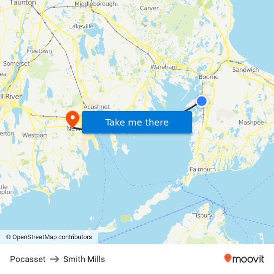 Pocasset to Smith Mills map