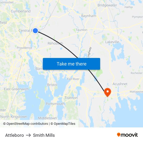 Attleboro to Smith Mills map