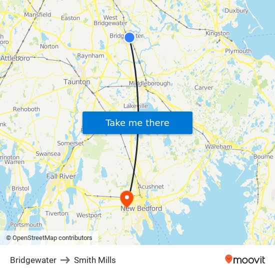 Bridgewater to Smith Mills map