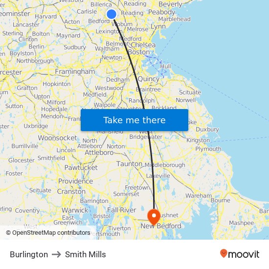 Burlington to Smith Mills map