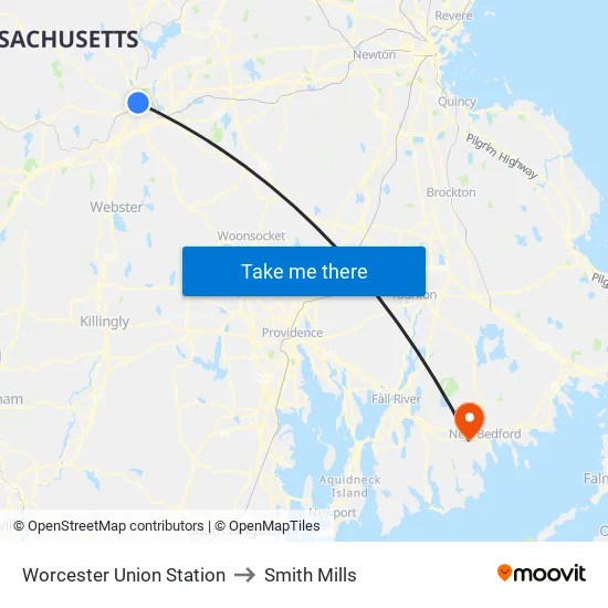 Worcester Union Station to Smith Mills map