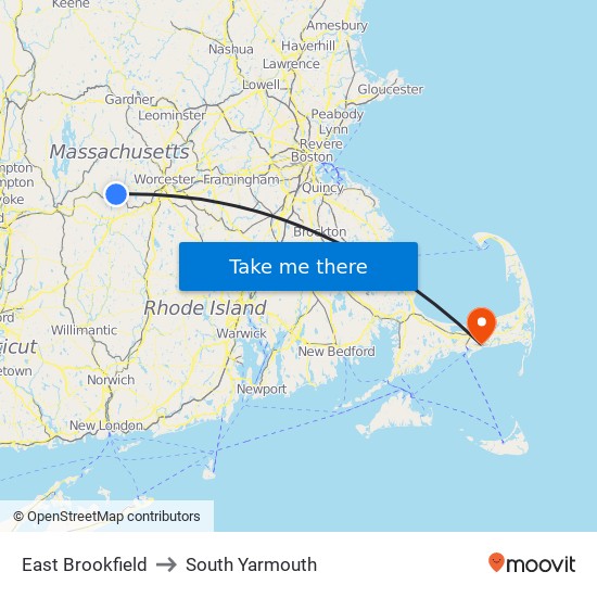 East Brookfield to South Yarmouth map