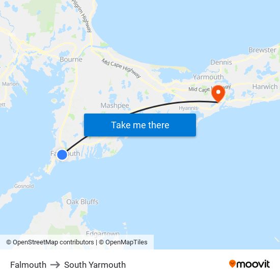 Falmouth to South Yarmouth map
