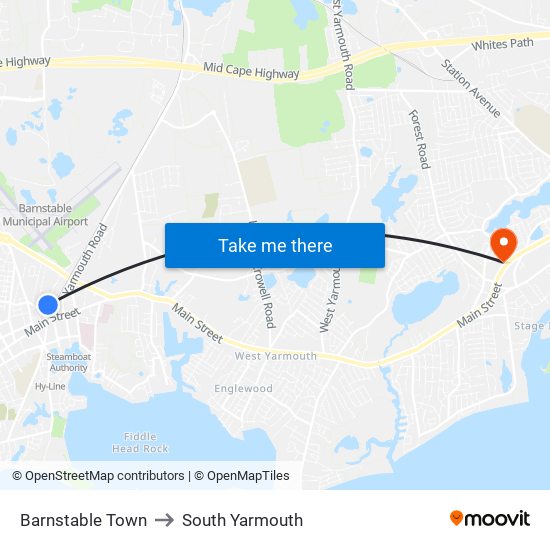 Barnstable Town to South Yarmouth map