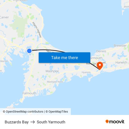 Buzzards Bay to South Yarmouth map